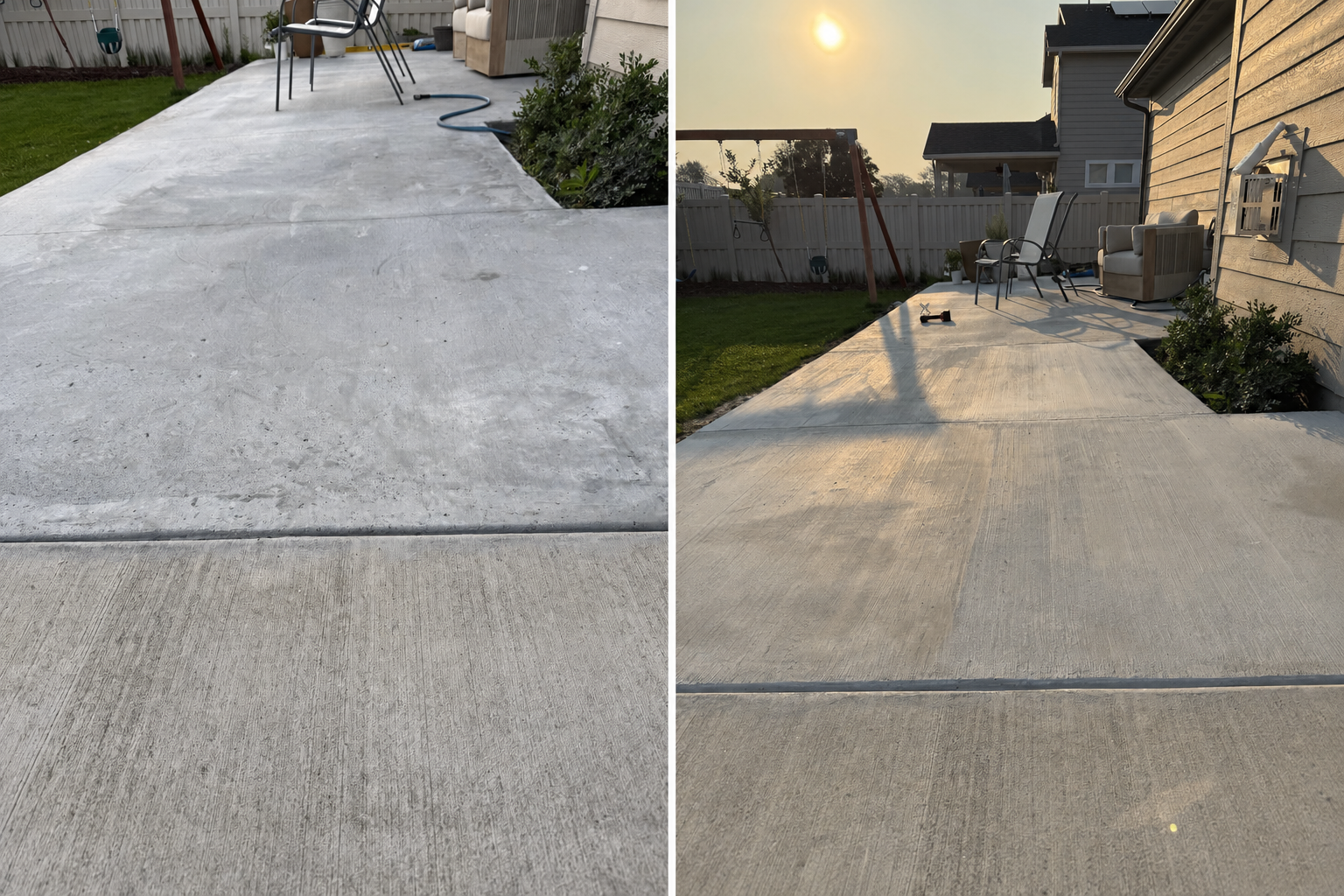 Side-by-side views of a resurfaced residential concrete patio